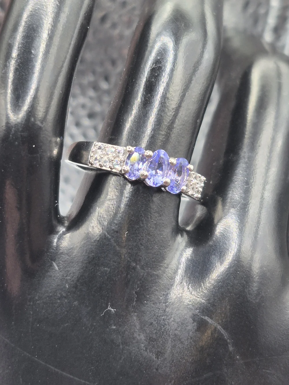 Genuine Three Stone Tanzanite Ring With White Zircon